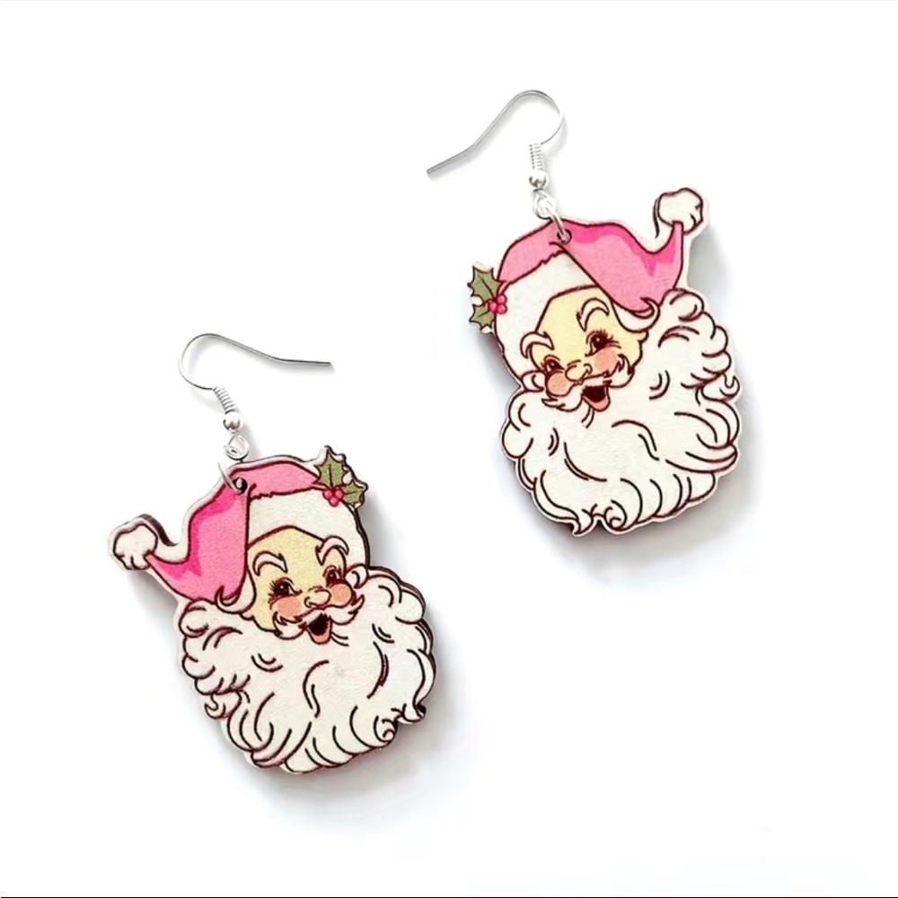 Vintage style pink-hat Santa resin drop earrings new with tags NWT Christmas